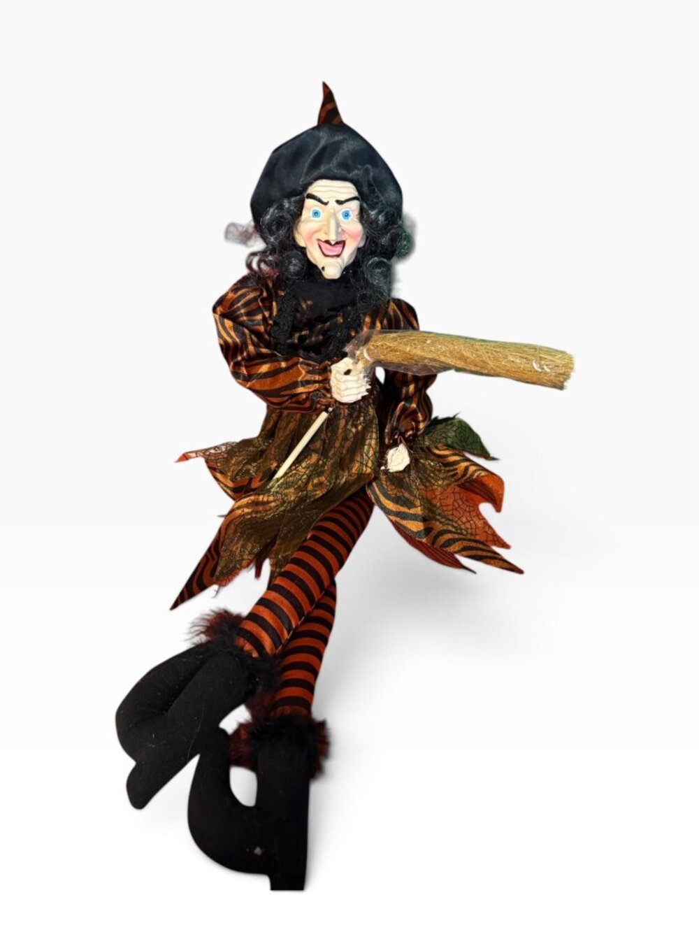 NWOT Vintage-Style Halloween Witch Doll with Broom – Black & Orange – Shelf Sitt